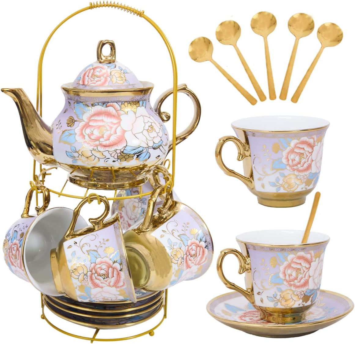 Gold-plated vintage red rose ceramic tea set, beautiful coffee tea pot set for 6 people