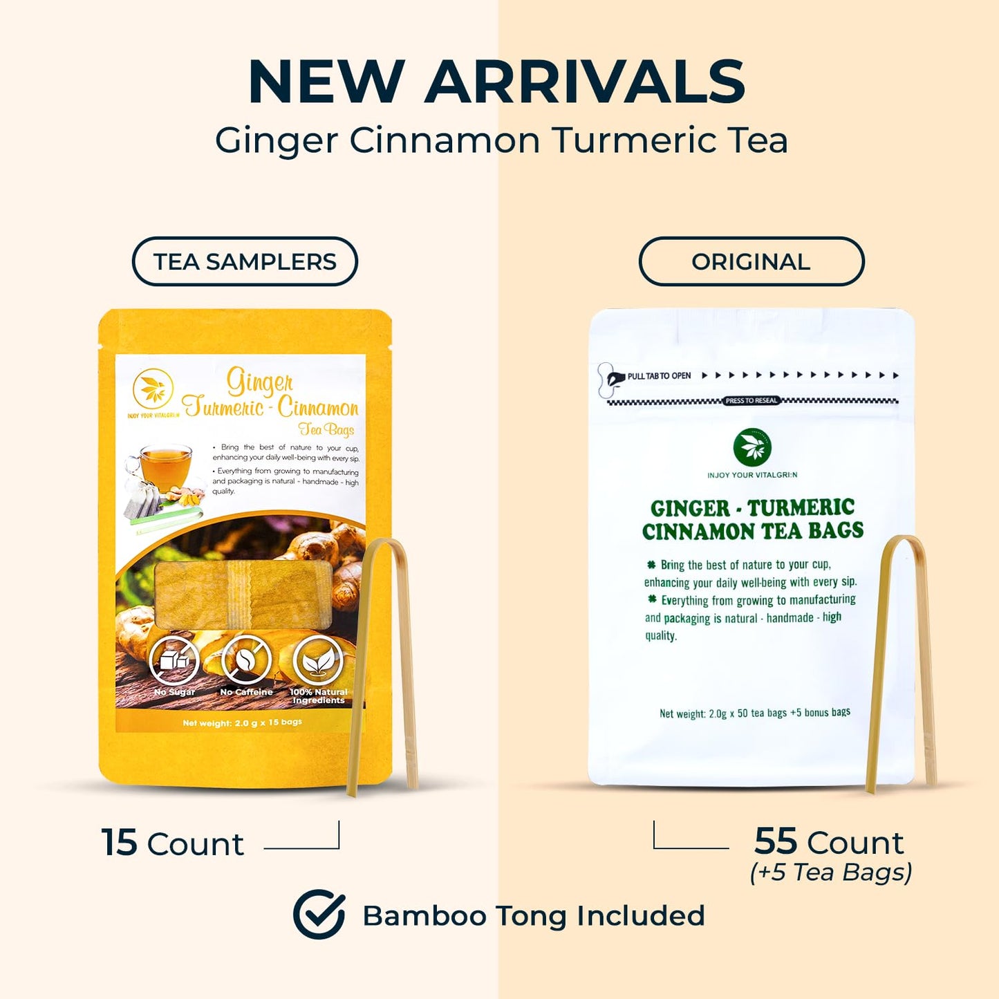 Ginger Turmeric Cinnamon Tea Bags, 55 Count, 5.47 oz | With Bamboo Tong, Re-Steep Corn Based Tea Bags, No Sugar Added, Natural Herbal Tea for Body Warm, Relax, Refreshing