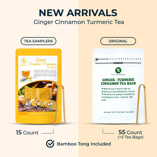 Ginger Turmeric Cinnamon Tea Bags, 55 Count, 5.47 oz | With Bamboo Tong, Re-Steep Corn Based Tea Bags, No Sugar Added, Natural Herbal Tea for Body Warm, Relax, Refreshing