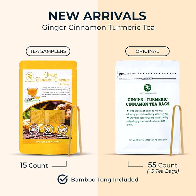 Ginger Cinnamon Turmeric Tea Samplers - 15 Count, Mini Tea Bags, Bamboo Tong Included, Re-Steep Corn Based Tea Bags, No Sugar Added