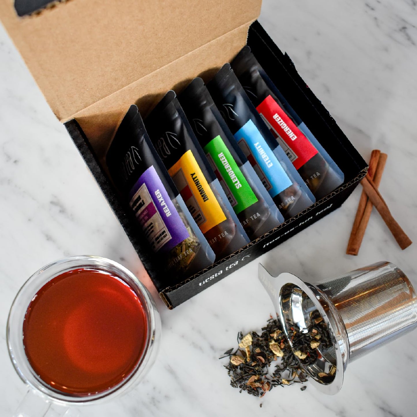 Tiesta Tea - Thank You Loose Leaf Tea Kit, Up to 50 Cups, High to No Caffeine, Hot & Iced, Tea Variety Pack with Green, Herbal, & Black, 5 Sample Pouches with Brewbasket Infuser Basket