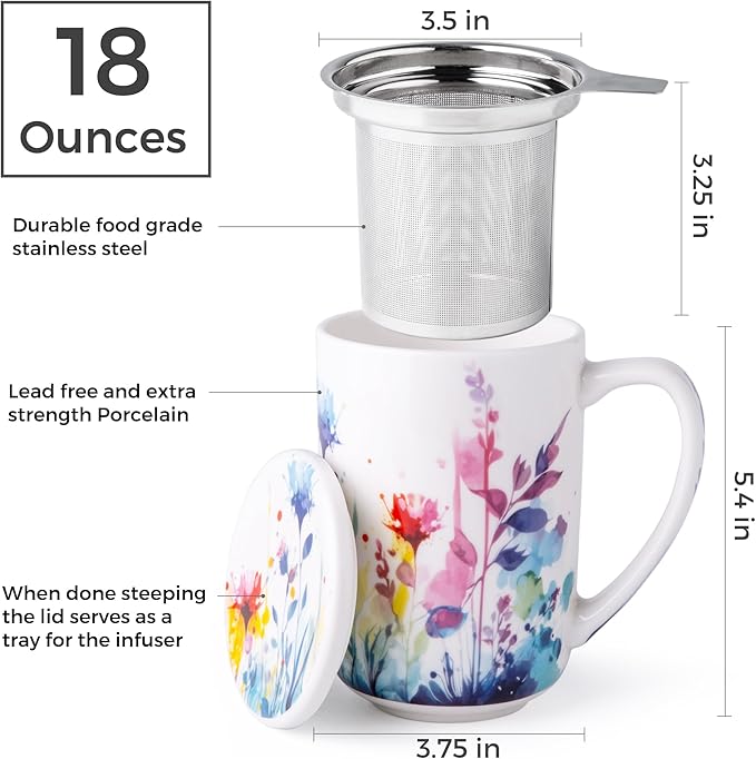 AmorArc Porcelain Tea Mug with Infuser and Lids, 18 Oz Large Cup Strainer with Bag Holder for Loose Leaf Tea