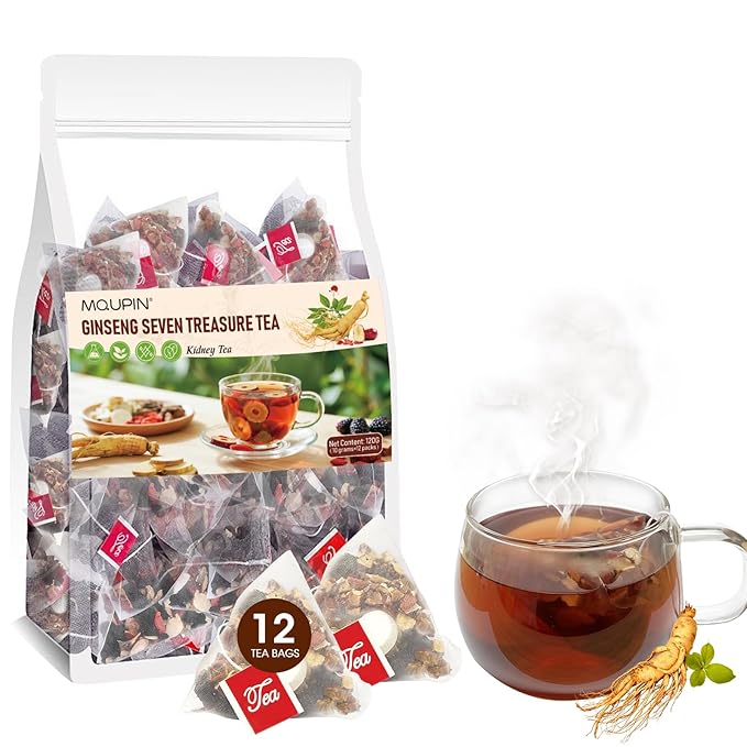 MQUPIN Ginseng Seven Treasure Tea, 12 Bags Kidney Teabag Formula Ginseng Seven Treasure Tea, 7 Precious Chinese Herbal Ingredients Formula, Natural Kidney Detox Cleanse for Women & Men