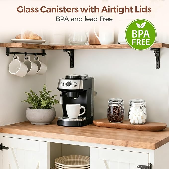 ComSaf 25oz Airtight Glass Canisters with Lids Set of 6, Round Food Storage Jar Container with Clamp Lids for Kitchen Canning Cereal Coffee Pasta Sugar Beans Spice, Clear Mason Jars with 12 Labels