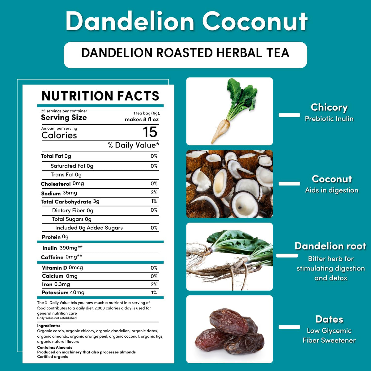 Teeccino Dandelion Coconut Tea - Caffeine Free