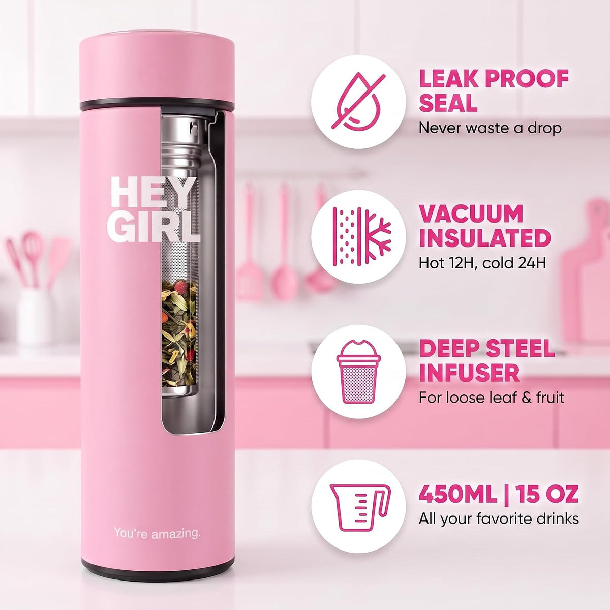 Hey Girl Tea Infuser Bottle 450ml - Insulated Stainless Steel Water Bottle - Tea Tumbler with Tea Diffuser - Portable Travel Mug for Loose Leaf Tea &amp; Infused Water - Tea Lovers Gifts for Women (Pink)