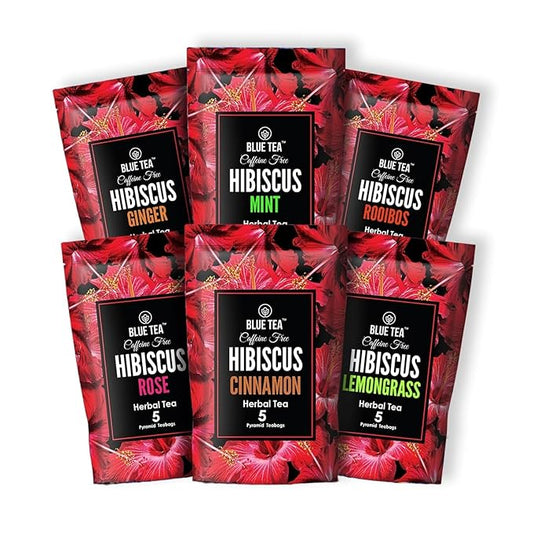 BLUE TEA - Hibiscus Assorted Herbal Sampler Tea Pack (6 Flavors, 30 Tea Bags Gifts Set) | Ginger, Mint, Rooibos, Rose, Cinnamon, Lemongrass | Gifts for Her & Him |