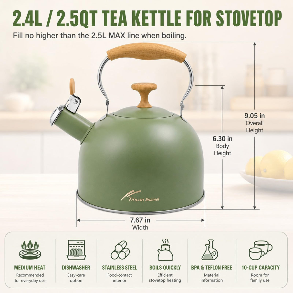 Tinlon Enamel Whistling Tea Kettle, 2.5 Qt Stovetop Teapot, Olive Green