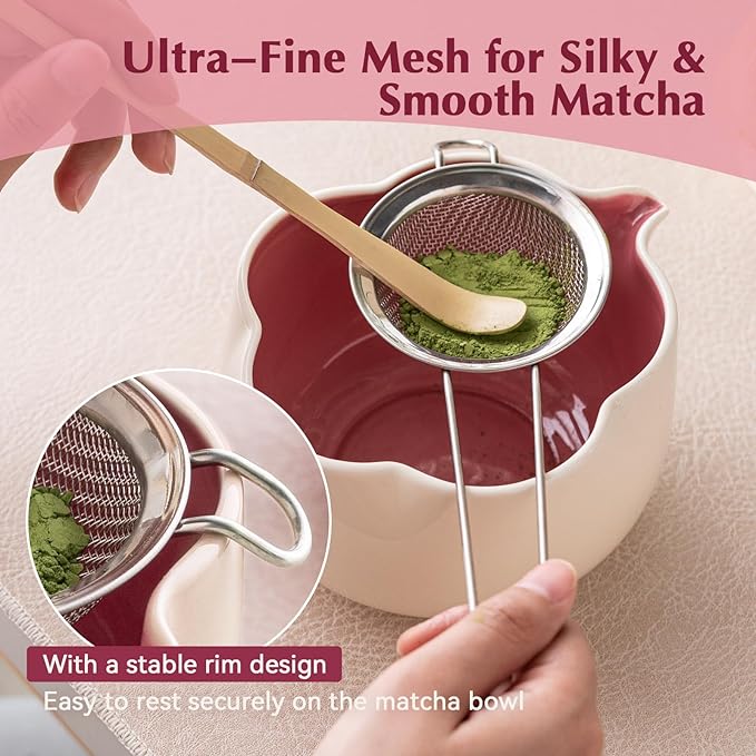 Matcha Set, 8Pcs Floral Ceramic Matcha Set with Matcha Whisk, Holder, Scoop, Scoop Rest, Sifter, Spoon and Tea Towel - Thoughtful Matcha Whisk Set Gift for Matcha Lovers (Beige & Pink)