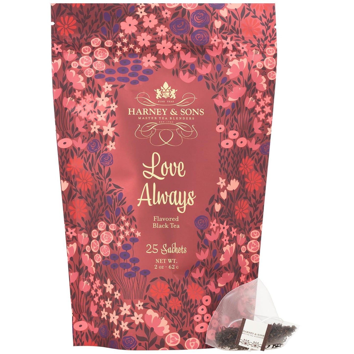 Harney &amp; Sons Love Always Black Tea Sachets, Chocolate &amp; Rose, 25 Count | Black tea with chocolate, vanilla and rosebuds. 25 sachets. Contains caffeine.