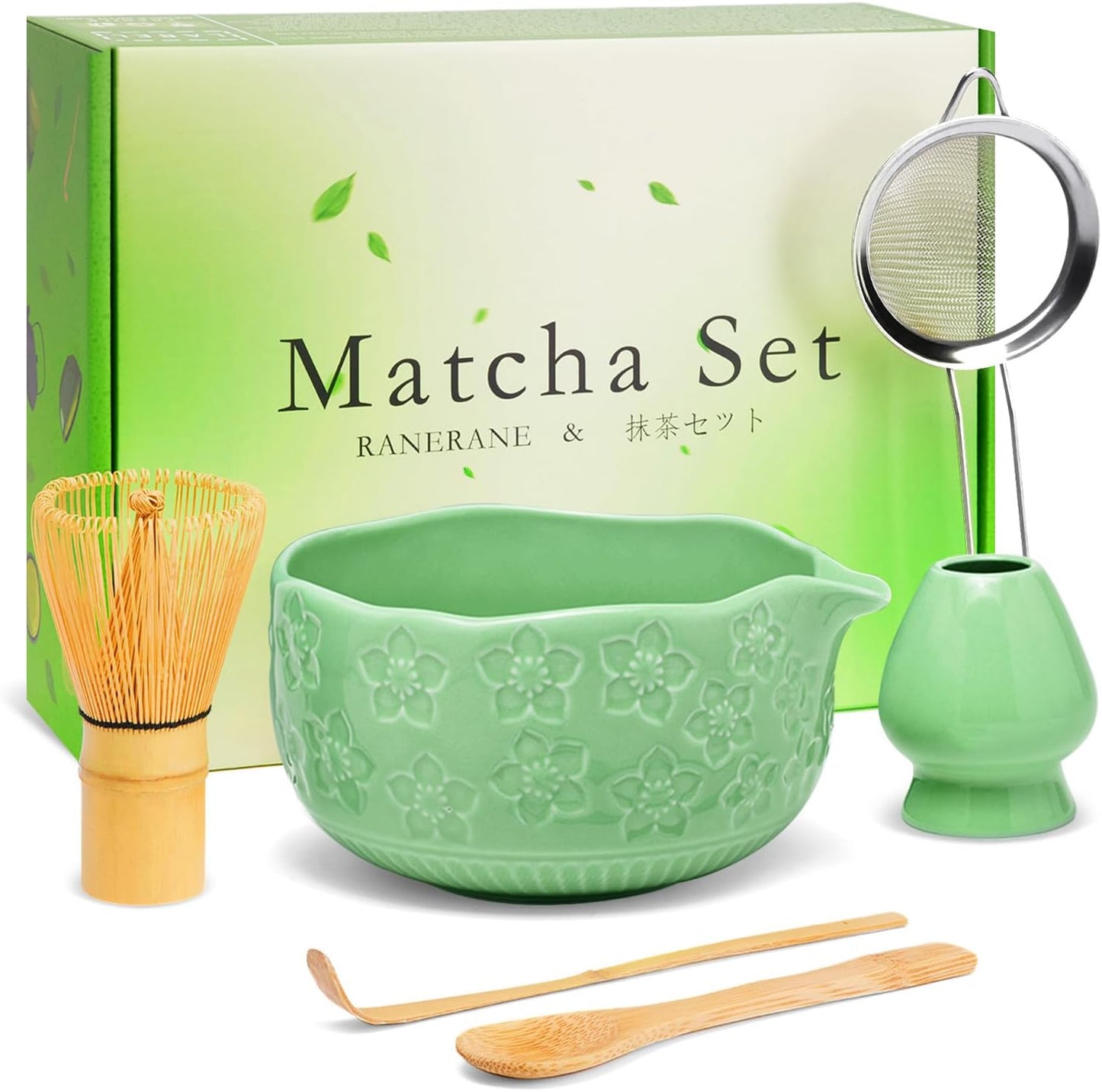 Matcha Whisk Set, Sakura Cyan Ceramic Matcha Set Includes Matcha Bowl, Matcha Whisk (Chasen) and Holder, Sifter, Bamboo Scoop &amp; Spoon - 6 Pcs Matcha Kit for Matcha Lovers