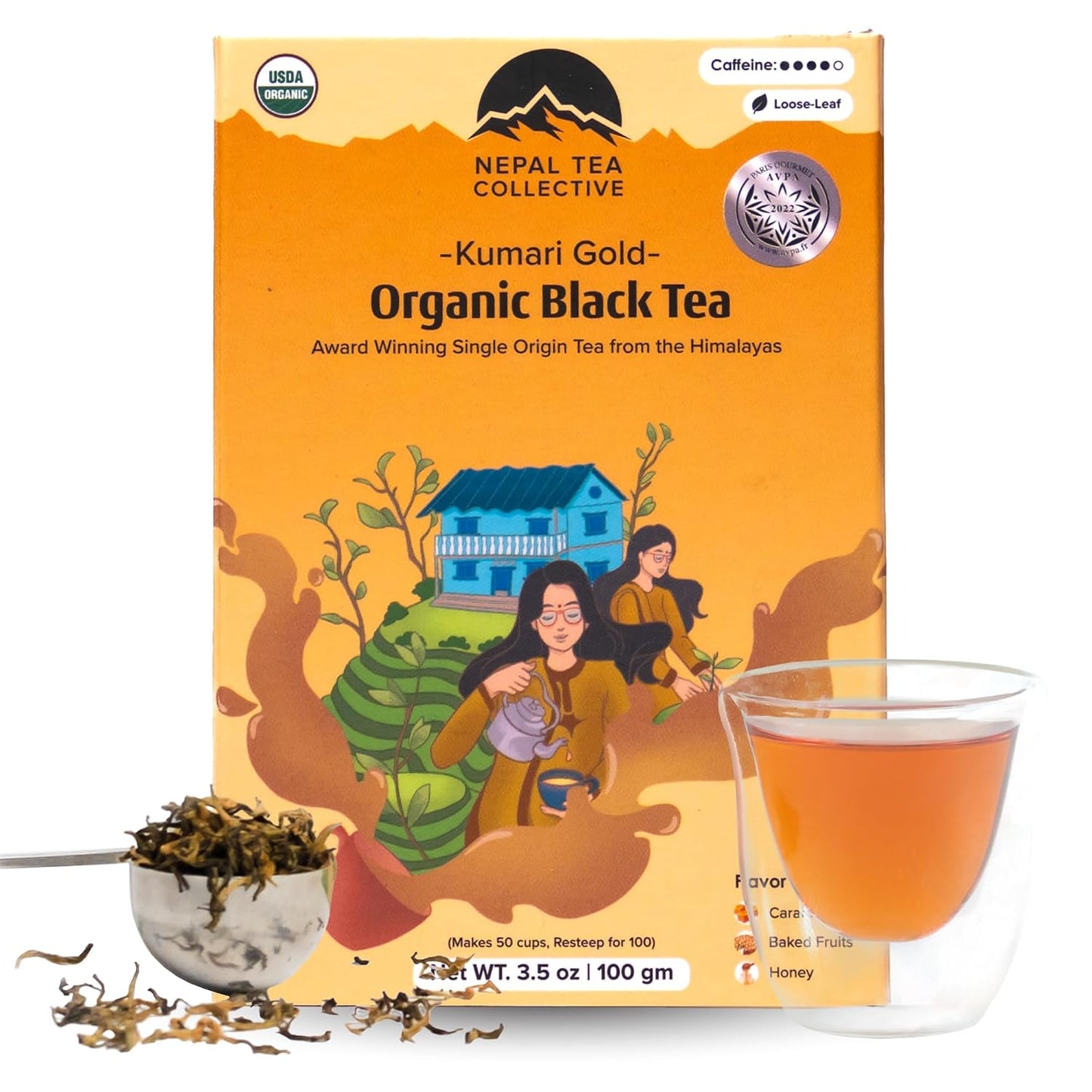 NEPAL TEA Organic Black Loose Leaf Tea - USDA Certified Organic with Gold Tips - Single Origin from a Family Farm in the Himalayas - 3.5 oz / 100g Award-Winning (Kumari Gold)