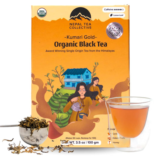 NEPAL TEA Organic Black Loose Leaf Tea - USDA Certified Organic with Gold Tips - Single Origin from a Family Farm in the Himalayas - 3.5 oz / 100g Award-Winning (Kumari Gold)