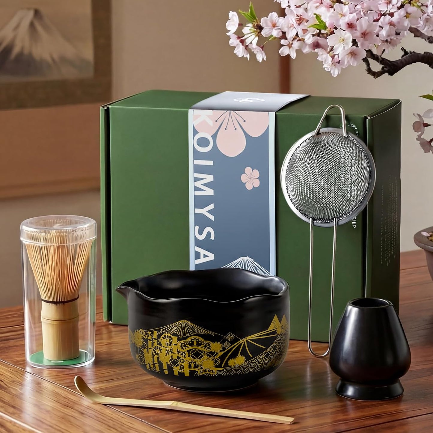 Japanese Matcha Whisk Set, 5-Piece Ceremonial Matcha Kit for Beginner | matcha set whisk and bowl, chasen and chawan, Matcha Tool Accessories Gift Set for Women Friends