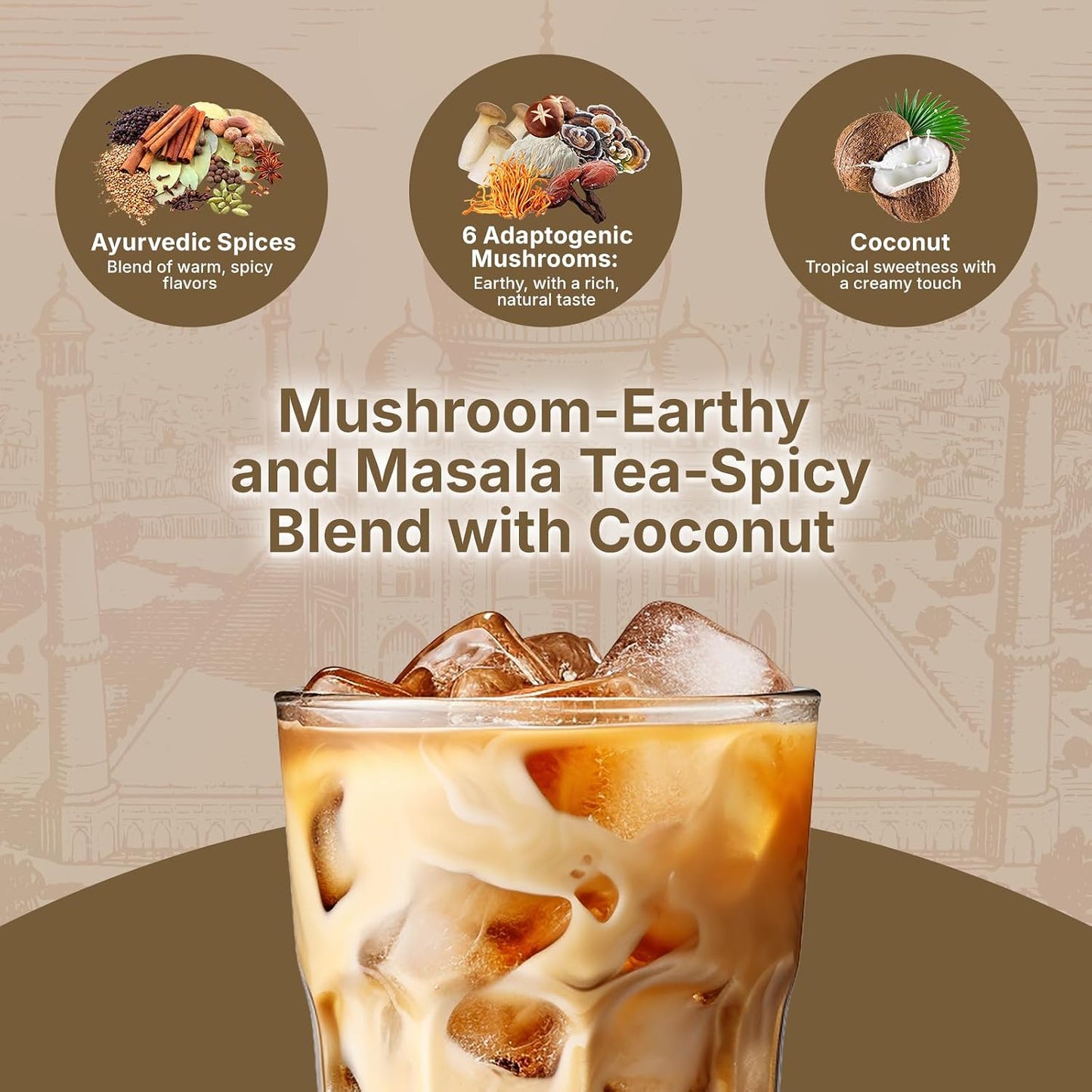 Veltracha Mushroom Chai Tea, Instant Decaf Powder, Natural Coconut | 6 Adaptogenic Mushrooms, Spiced Chai Latte, Energy &amp; Focus Support, 6.35 oz 20 Servings