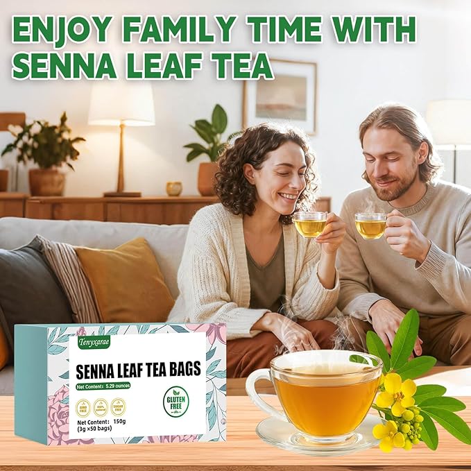 Organic Senna Tea Bags, 50 Teabags, 3g/Bag, Made with 100% Natural Senna Leaves. Helps with Relieve Constipation and Digestion, Caffeine-Free