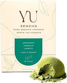 Yu Tea Organic Sencha Green Tea Powder, 30 Instant Packets | Rich in Antioxidants, EGCG, & L-Theanine | Pure Japanese First Harvest Leaf | Low Caffeine & Unsweetened | Single Serve Sticks