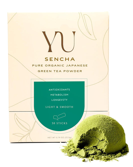 Yu Tea Organic Sencha Green Tea Powder, 30 Instant Packets | Rich in Antioxidants, EGCG, & L-Theanine | Pure Japanese First Harvest Leaf | Low Caffeine & Unsweetened | Single Serve Sticks