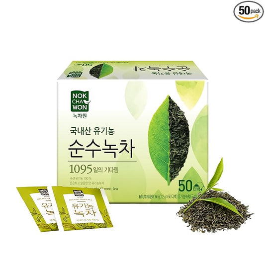 [Nokchawon] Organic Pure Green Tea 50 Tea Bags - Specially Roasted Korean Organic Green Tea, Delicate Flavor & Aroma