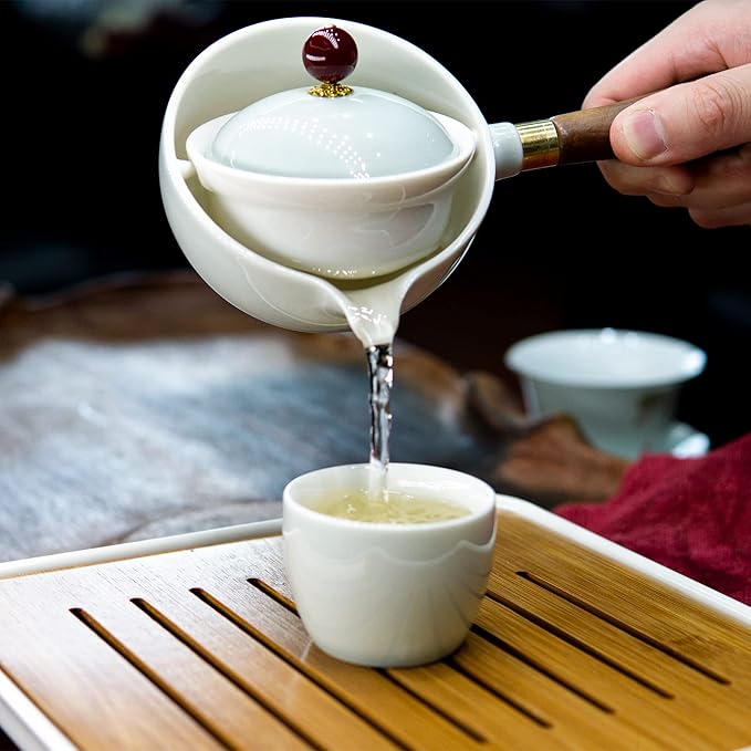 Lurrier Porcelain Chinese Gongfu Tea Set,Portable Teapot Set with 360 Rotation Tea maker and Infuser,Portable All in One Gift Bag for Travel,Home