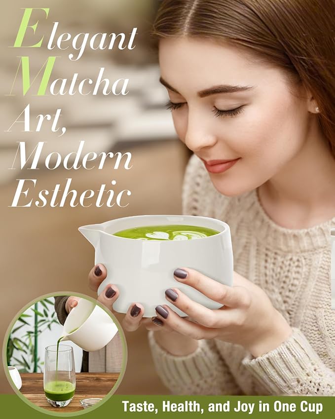 20OZ Matcha Whisk Set - 5PCS Matcha Kit Includes Ceramic Bowl with Spout, Bamboo Whisk with Holder, Bamboo Scoop and Sifter, Matcha Set for Ceremony