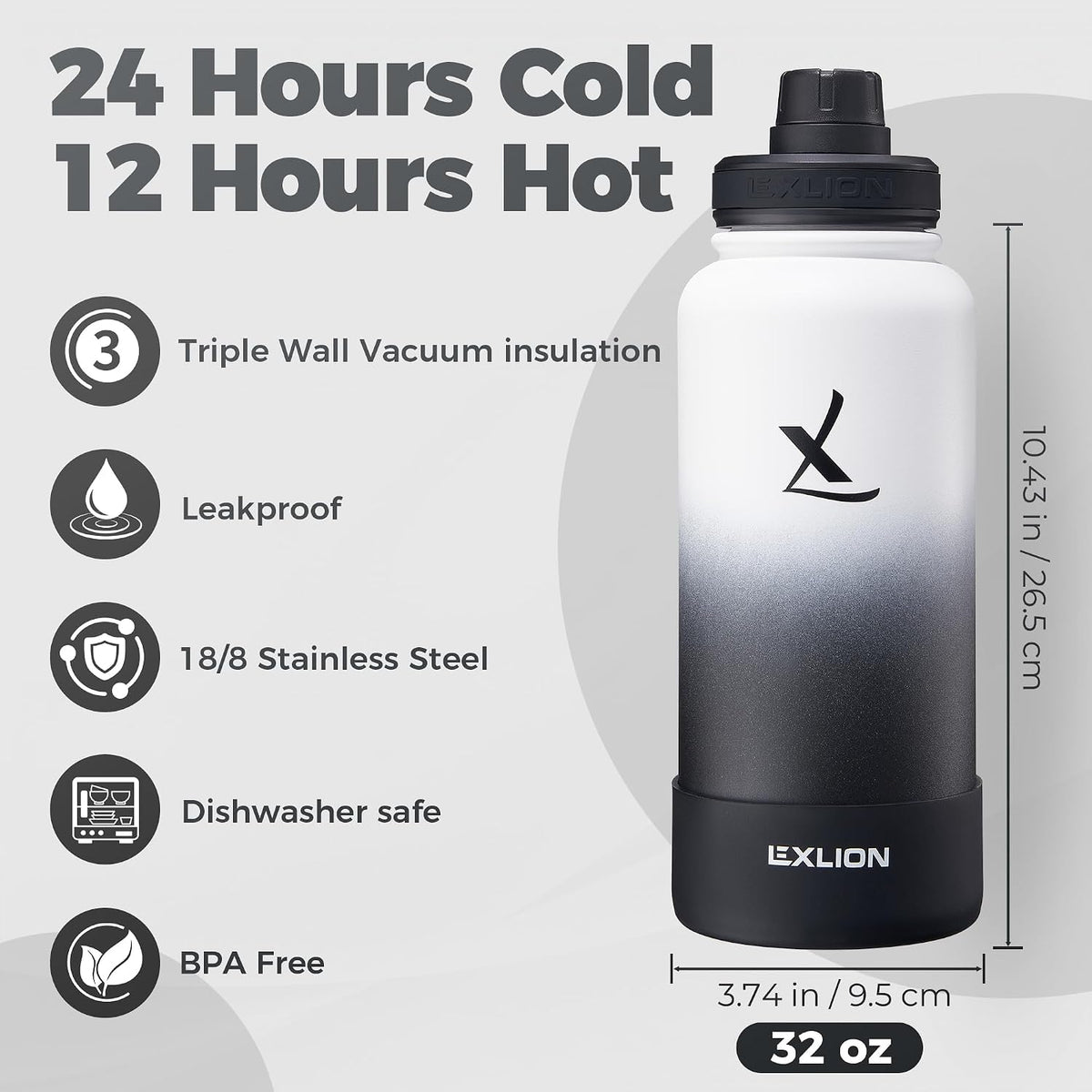 Lexlion Tea Infuser Water Bottle 32 Oz – Triple Wall Insulated Stainless Steel, Loose Leaf &amp; Fruit Strainer, 3 Leakproof Lids, BPA-Free Silicone Sleeve, Reusable Thermal Mug