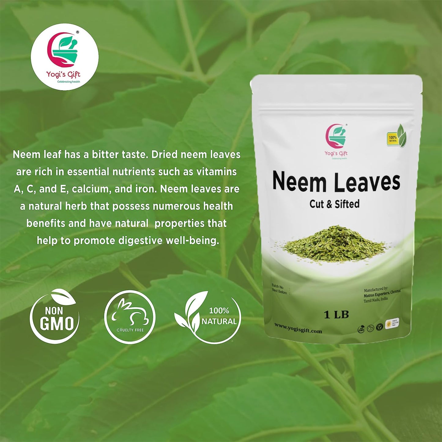 Yogi's Gift® Neem Leaves 1 Lb | Cut &amp; Sifted Neem Leaf | Loose Herbal Tea