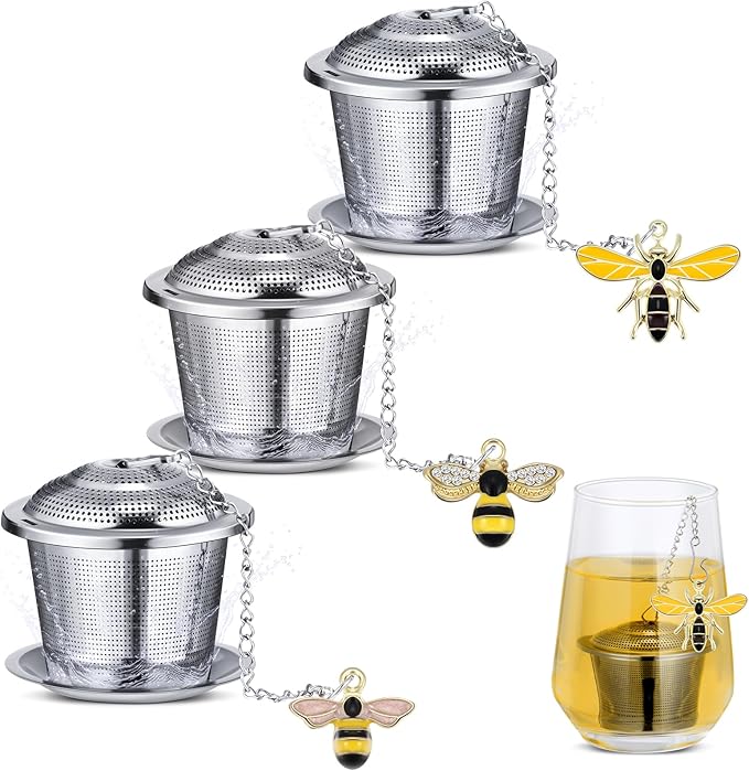 3 Sets Tea Infusers Loose Tea, Stainless Steel Leaf Strainers Steepers with Drip Trays and Honey Bee Pendant Novelty Fine Mesh