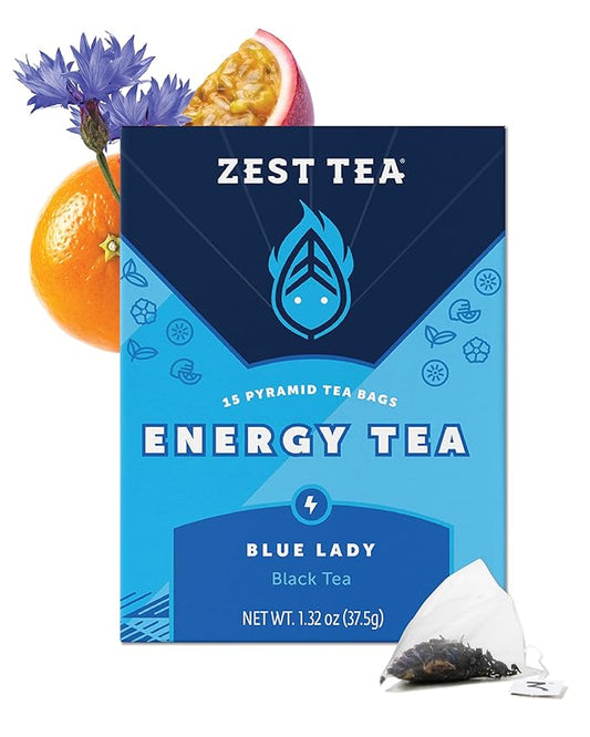 Zest Energy Tea Bags – Blue Lady Passion Fruit Black Tea – High Caffeine Tea for Morning Energy, Focus & Clarity – Natural Caffeinated Tea with 150mg Caffeine – 15Ct Box – Non-GMO & Keto Friendly