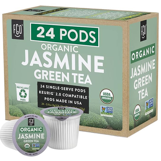 FGO Organic Jasmine Green Tea K-Cup Pods for Keurig, 24 Count (Pack of 1), Premium Green Tea is USDA Organic, Non-GMO, & Recyclable with Naturally Occurring Caffeine