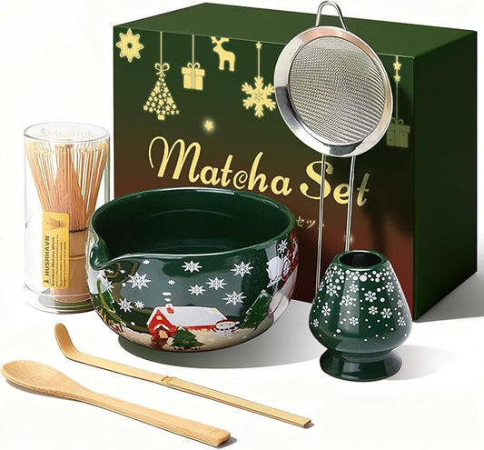 Christmas Gifts Matcha Whisk Set, Ceramic Matcha Set Includes Bowl & Holder, Bamboo Whisk (Chasen), Scoop, Spoon and Sifter