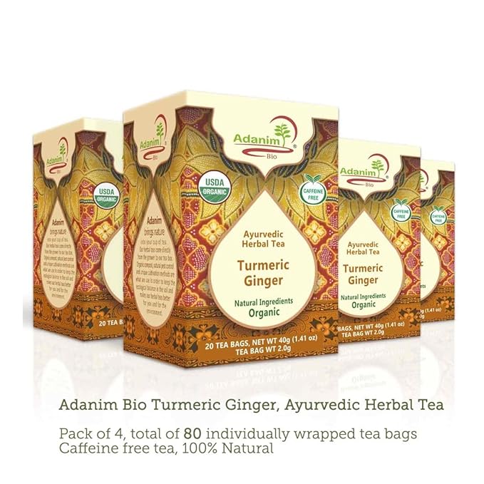 Adanim Bio Ginger Turmeric Tea, Value Pack 80 Teabags, Caffeine-free Organic Blend of Soothing and Flavorful Herbal Infusion for Overall Well-being