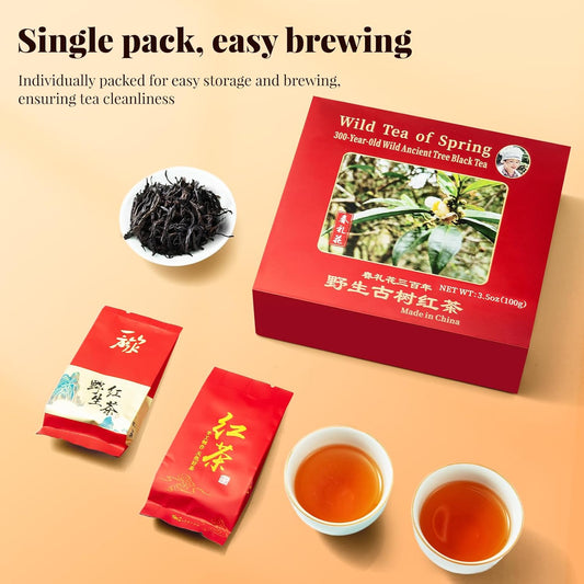 The Spring Tea Premium Grade Wild Tree Black Tea From 300+ Year Old Tree, Loose Leaf Tea, Organic, With Individual Pack, Just harvested in Spring, Exquisite, Handpicked, Gift Package, 3.5oz/100g