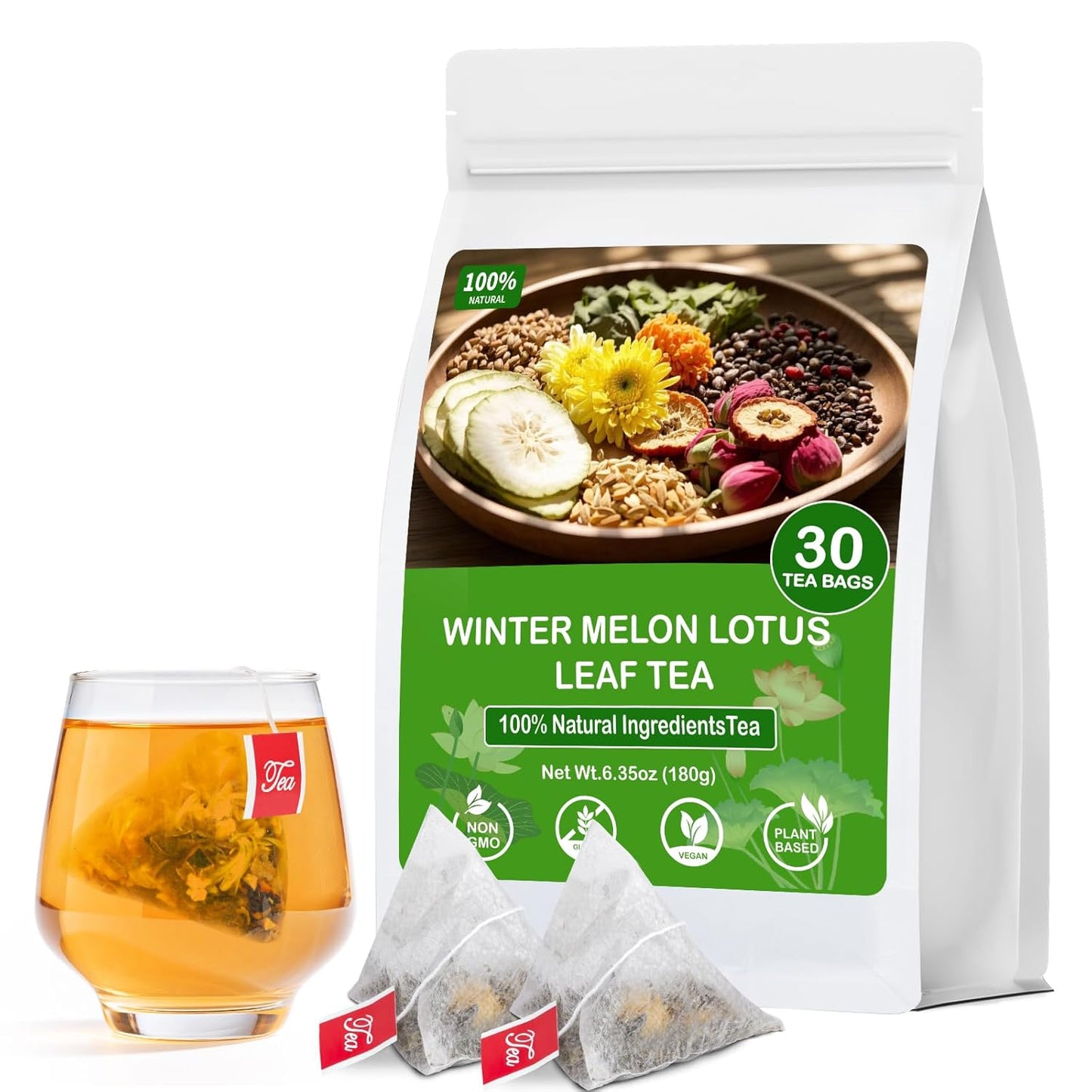 Winter Melon Lotus Leaf Tea, Herbal Detox Tea Bags for Reduce swelling and Cleansing, Boost metabolism - 8 Premium Ingredients(1 Pack/30 Bags)