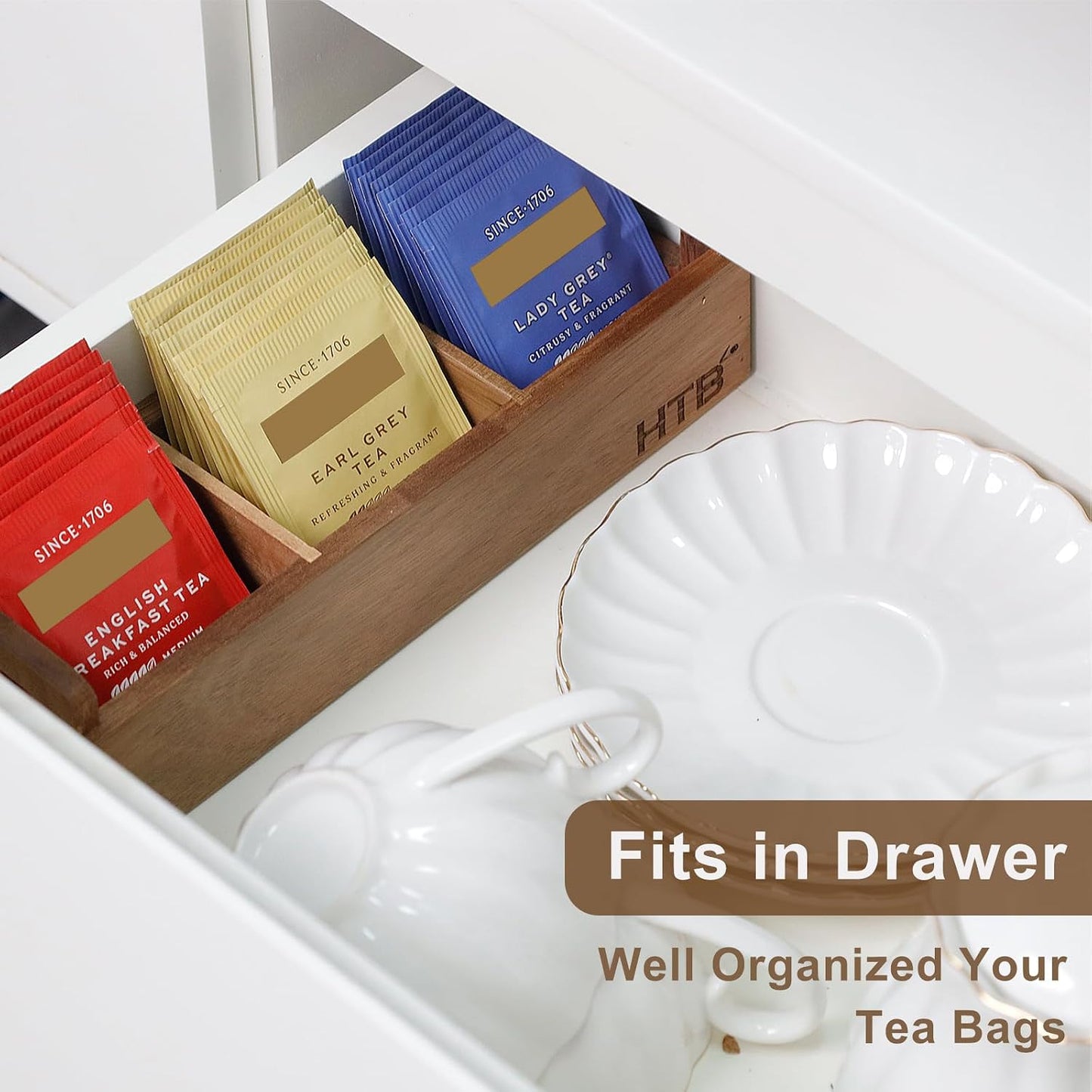 HTB 2 Pack Acacia Wood Small Tea Bag Box with 3 Compartments for Counter | Tea Bag Chest with Handle, Mini Countertop Divided Storage Container for Beverage Supplies, Sugar, Sweeteners