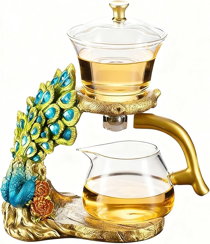 Lazy Kungfu Glass Tea Set Heat Resistant Semi Automatic Drip Rotating with Infuser Magnetic Teapot Set for Gongfu Tea Making Ideal (Peacock)
