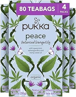 Pukka Peace Organic Tea Bags, Herbal Tea with Spearmint, Ashwagandha, and Hemp Seed Oil, Perfect for Balanced Tranquility, Caffeine Free, 80 Total Tea Bags (20ct - Pack of 4)