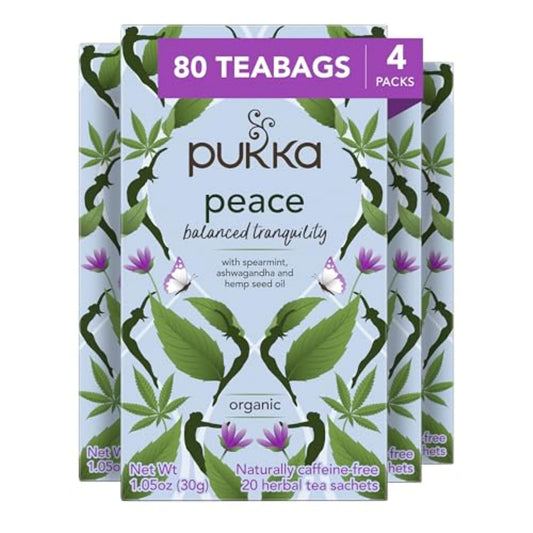 Pukka Peace Organic Tea Bags, 80 Total Tea Bags (20ct - Pack of 4) | Herbal Tea with Spearmint, Ashwagandha, and Hemp Seed Oil, Perfect for Balanced Tranquility, Caffeine Free