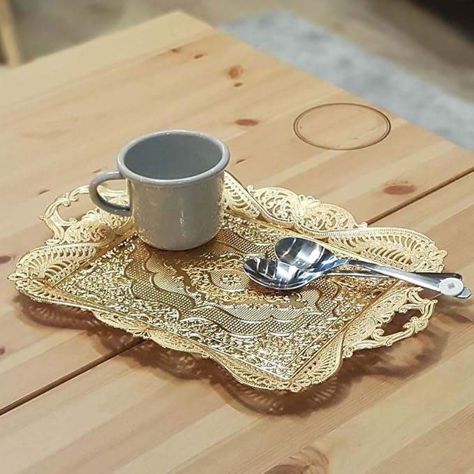 Gold Turkish Coffee Tea Serving Tray Table Home Decor Decorative Handle - Gold Vintage Brass Fancy Rectangle Style Traditional Rustic Bar Outdoor