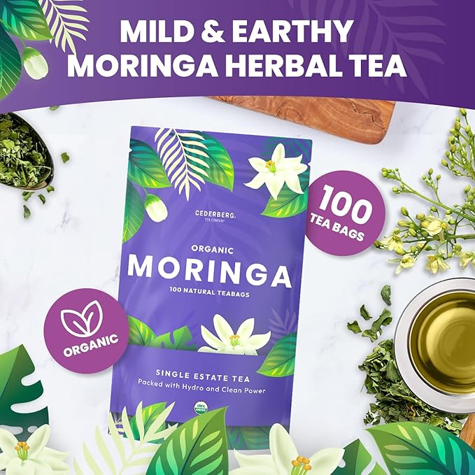 Organic Moringa Herbal Tea — 100 Tea Bags, Eco-Friendly Tea Bags, Non-GMO Caffeine Free Tea With Zero Sugar, Cederberg Tea Company.