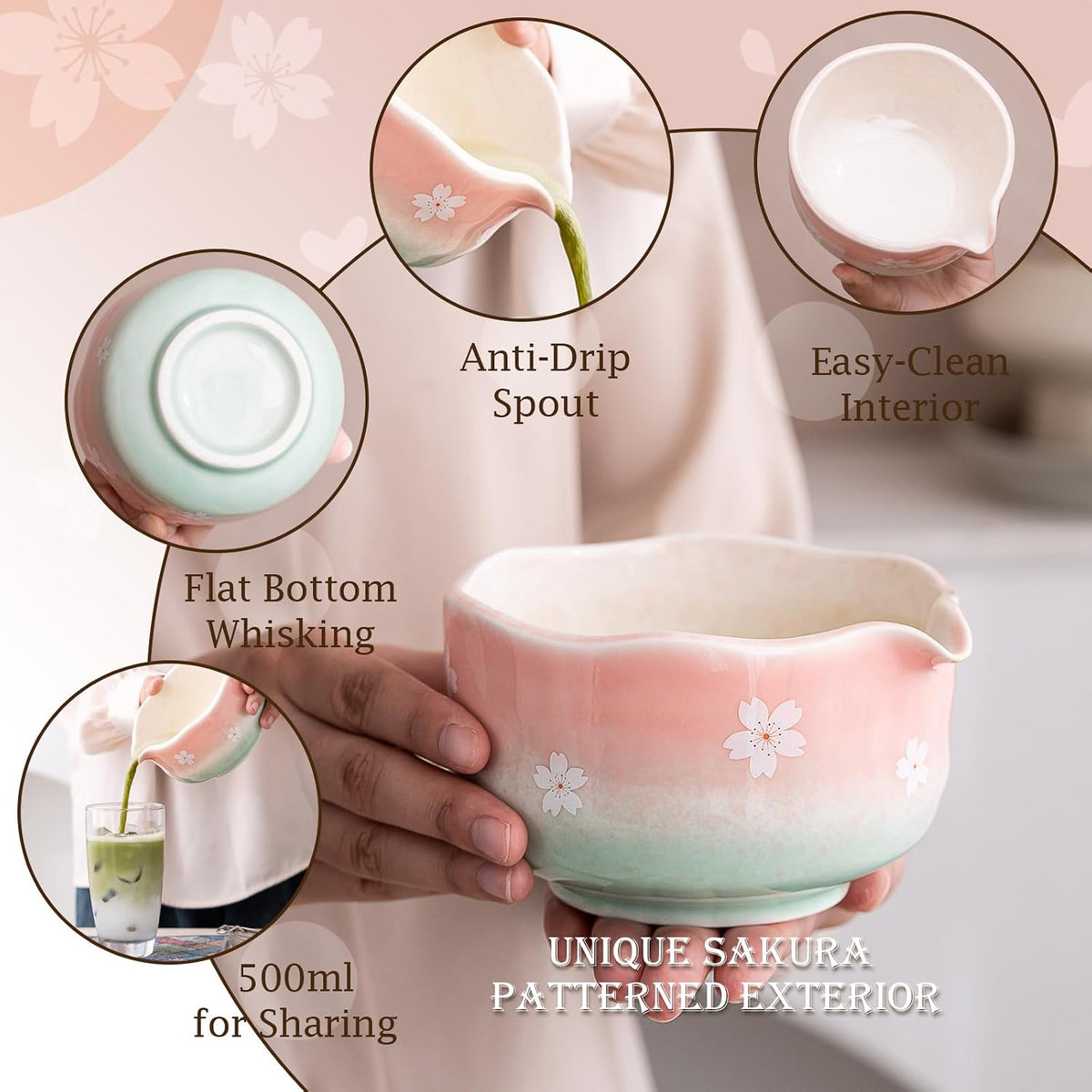 Cherry Blossom Matcha Whisk Set, 7 Pcs Matcha Kit with Matcha Bowl