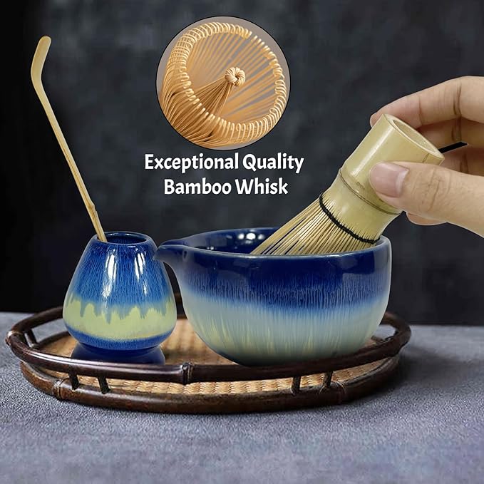 Matcha Whisk Set 6 pc Kit - Traditional Japanese Chasen, Bamboo Whisk Holder, Ceramic Bowl with Spout, Sifter & 2 pc Spoons - matcha kit set