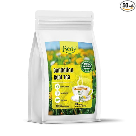 Bedy Dandelion Root Tea, Natural Dandelion Herbal Tea, Support Digestion and Boost Immune System, Caffeine Free, 50 Individually Wrapped Tea Bags, 5.29 oz
