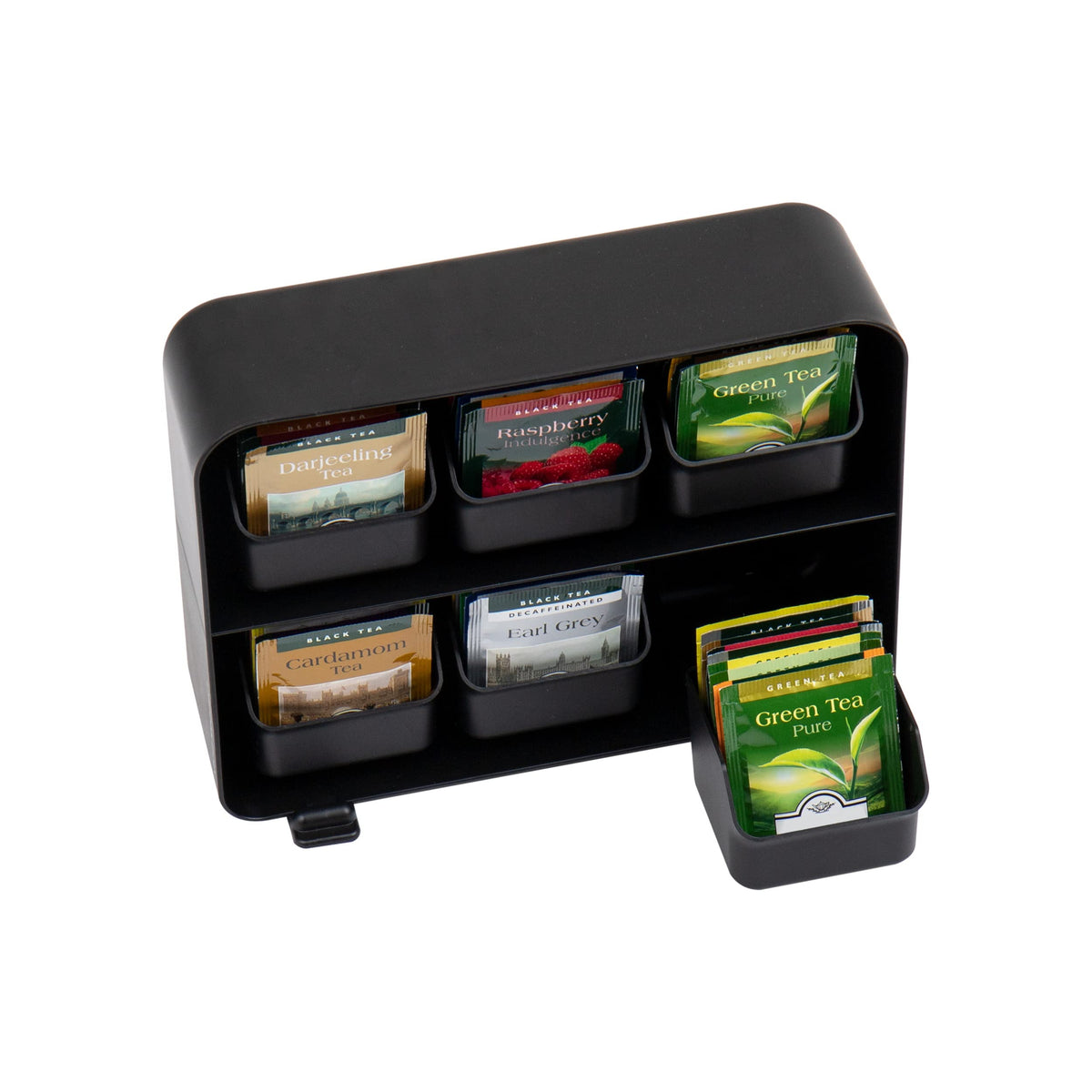 Mind Reader Tea Bag Organizer, Tea Station Organizer, Countertop Storage, Kitchen, Plastic, 10.25"L x 3.25"W x 7.75"H, Black