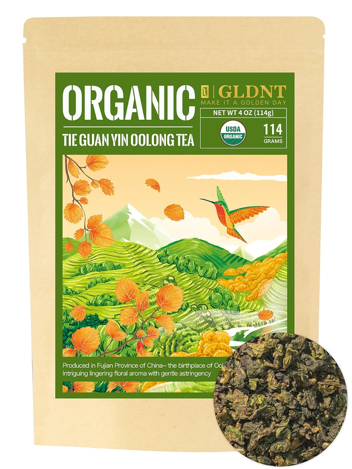 GLDNT Organic Oolong Tea Loose Leaf, Anxi Tie Guan Yin, High Mountain Iron Goddess of Mercy, Smooth Taste, 4oz