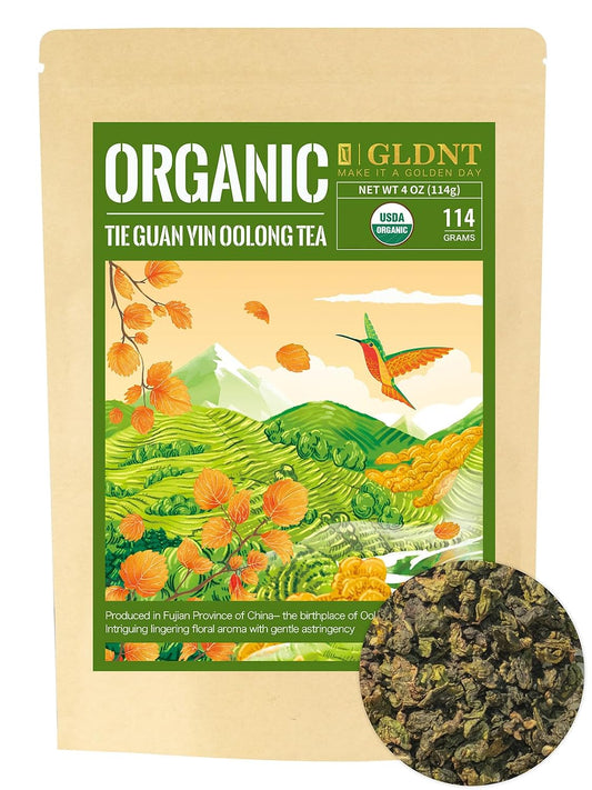 Gldnt Organic Oolong Tea Loose Leaf, Anxi Tie Guan Yin, High Mountain Iron Goddess of Mercy, Smooth Taste, 4oz