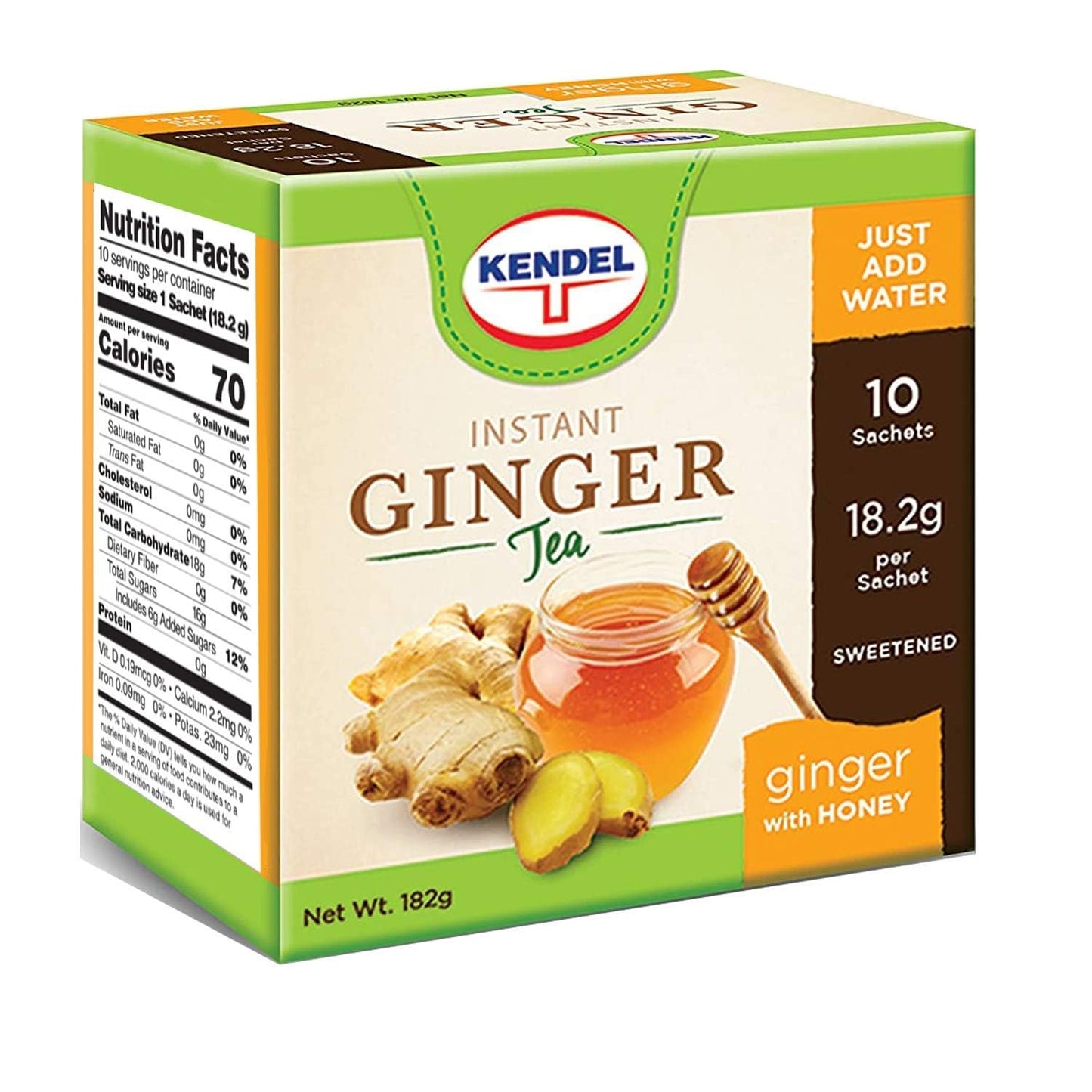 Kendel Instant Ginger Honey Tea – Real Ginger Powder with Natural Honey – Caffeine Free Soothing Drink – Hot or Cold – 10 Sachets