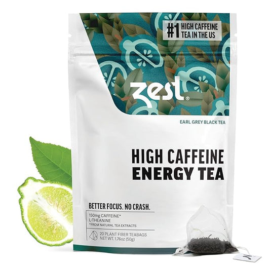 Zest High Caffeine Black Tea Bags – Earl Grey Energy Tea with Natural Bergamot – 150mg Caffeine per Cup – Focus & Morning Breakfast Tea for Energy – Caffeinated Coffee Substitute – 20Ct Pack