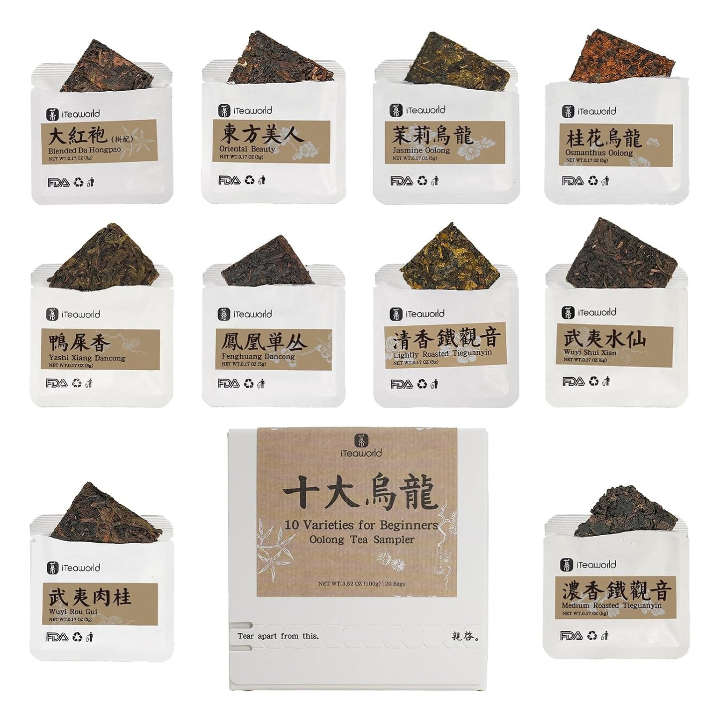 iTeaworld Chinese Oolong Tea Sampler,10 Loose Leaf Styles Each 2 Pack 3.5oz | Up to 140 Cups|10 Styles from Floral to Roasted|Easy Mug or Gongfu Brewing|No Artificial Additives|Tea Variety Pack Gift Set