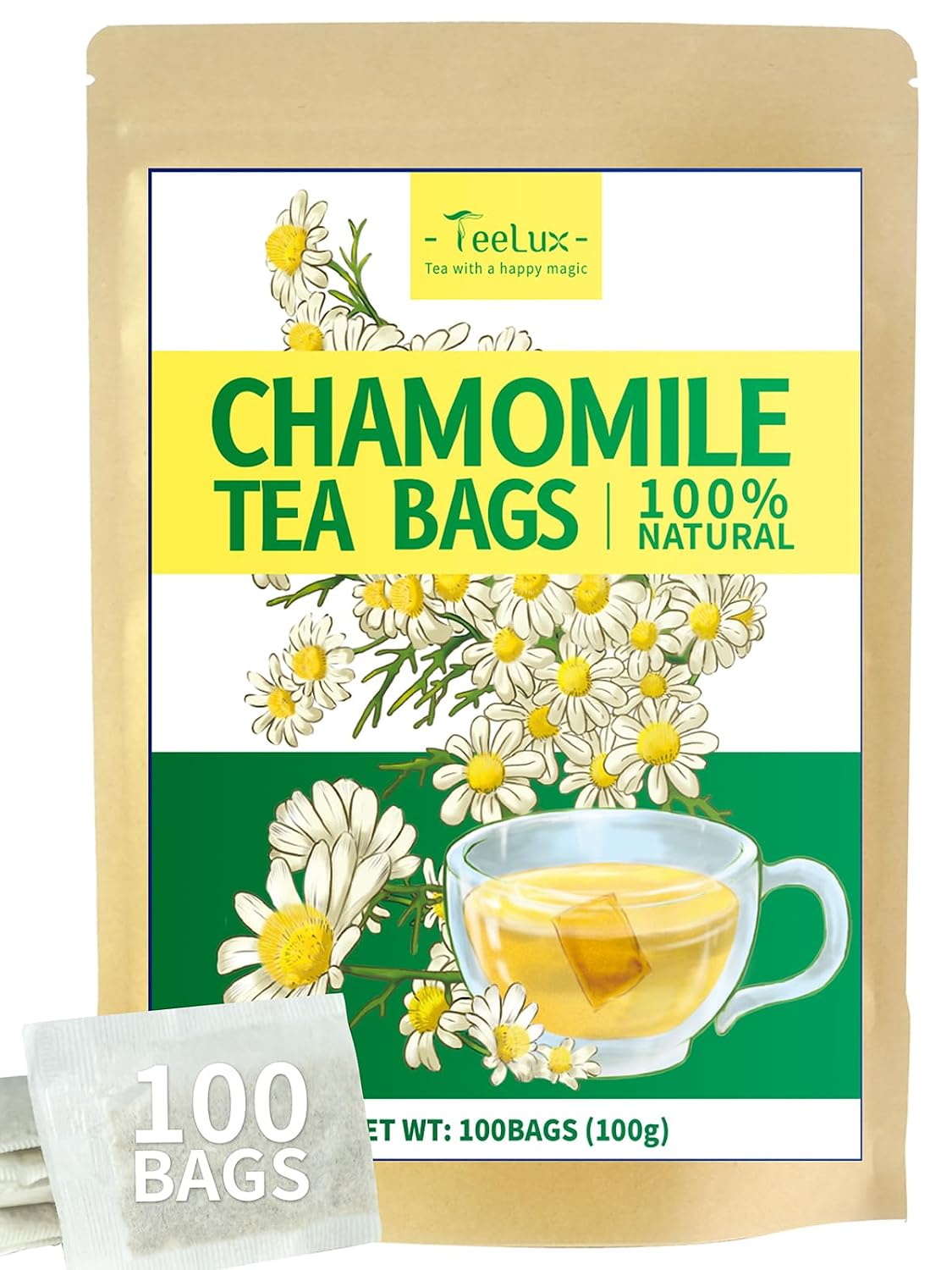 TeeLux Chamomile Tea Bags, Chamomile Flowers, Mild &amp; Smooth Taste, 100 ct | Natural Chamomile Flower Tea, Subtle Floral Notes, Caffeine Free, Hot or Iced